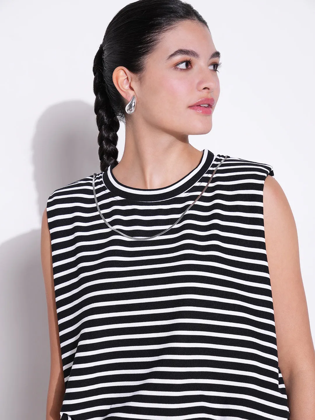 Women Black Striped Top with Chain