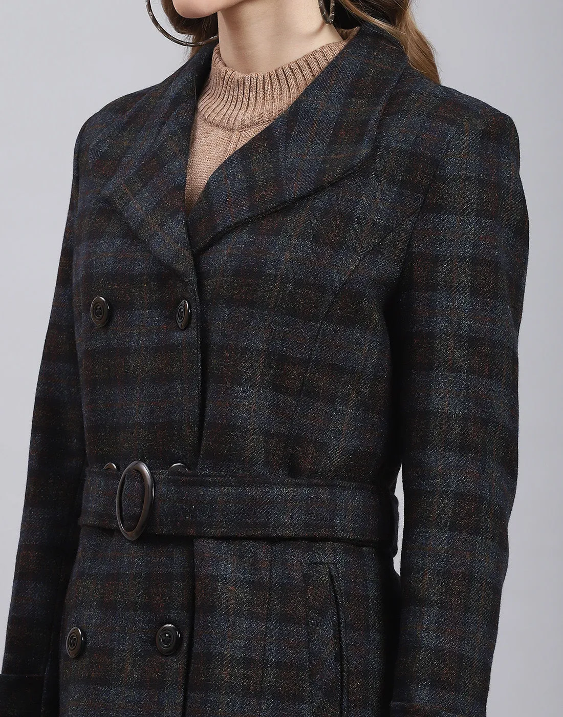 Women Blue Check Collar Full Sleeve Coat