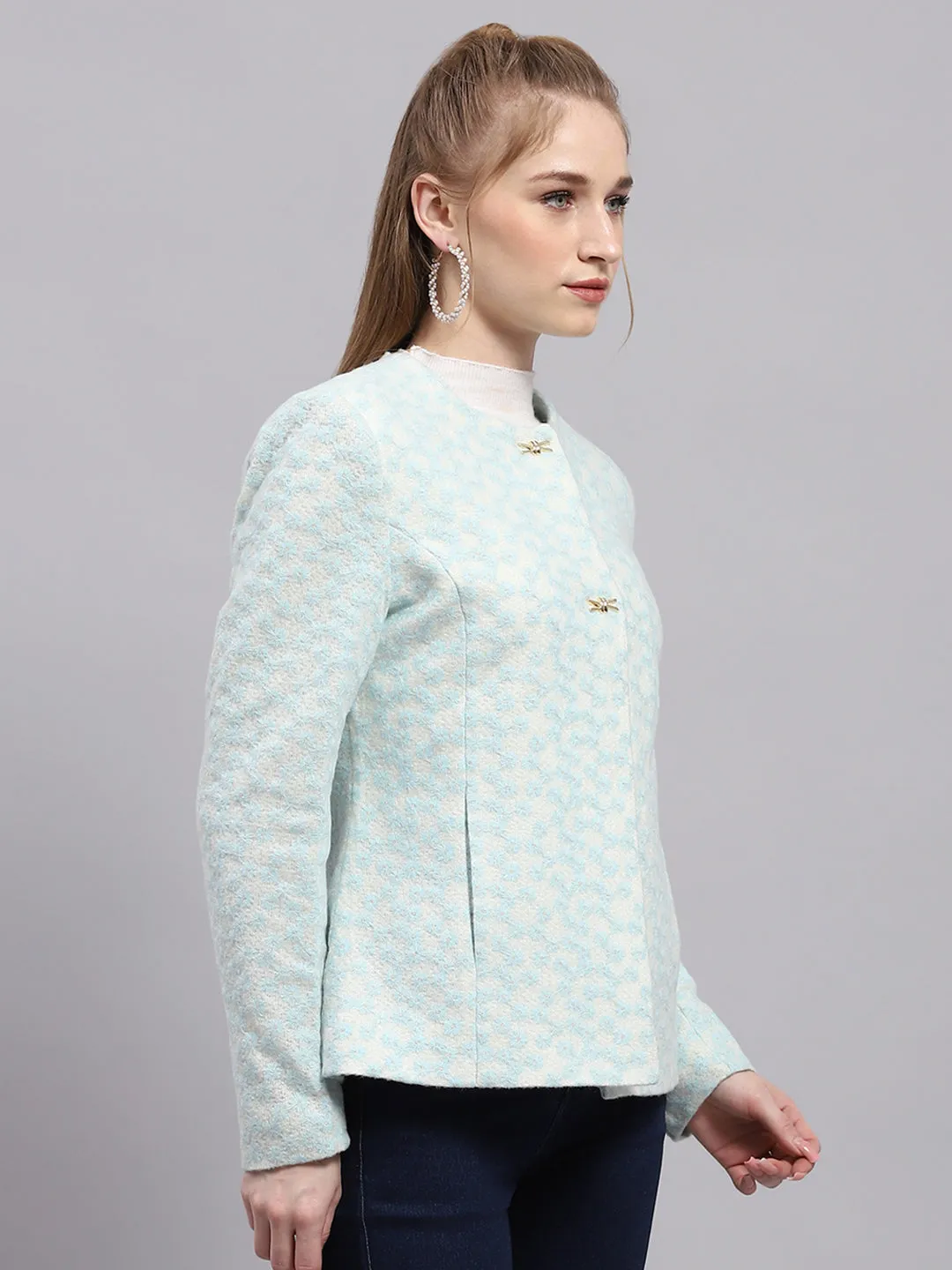 Women Blue Embroidered Round Neck Full Sleeve Coat