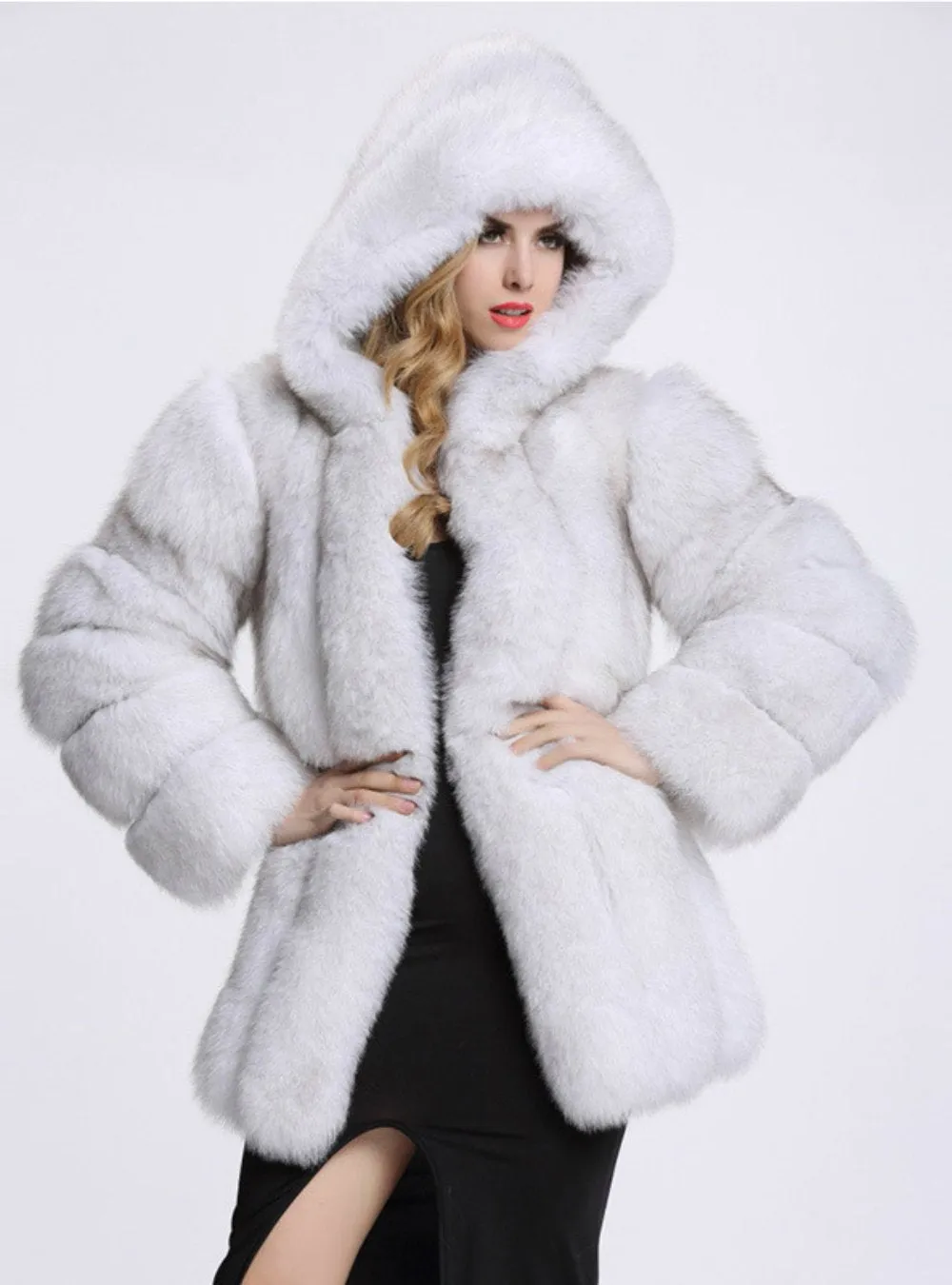 Women Faux Fox Fur Medium Length Sleeve Cap Coat