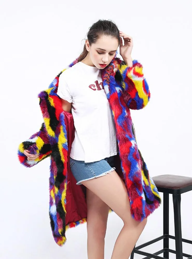 Women Faux Fur Coat Rabbit Fur Trench Color Matching