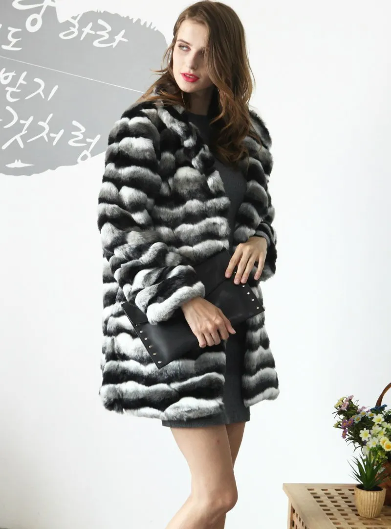 Women Imitation Rabbit Fur Coat Cotton Coat Collar Stripes