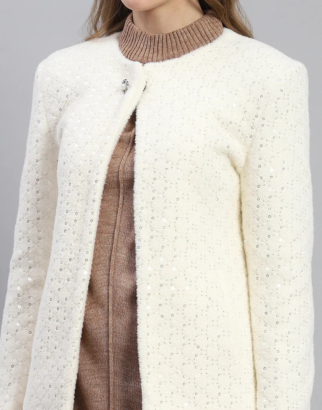 Women White Embellished H Neck Full Sleeve Coat