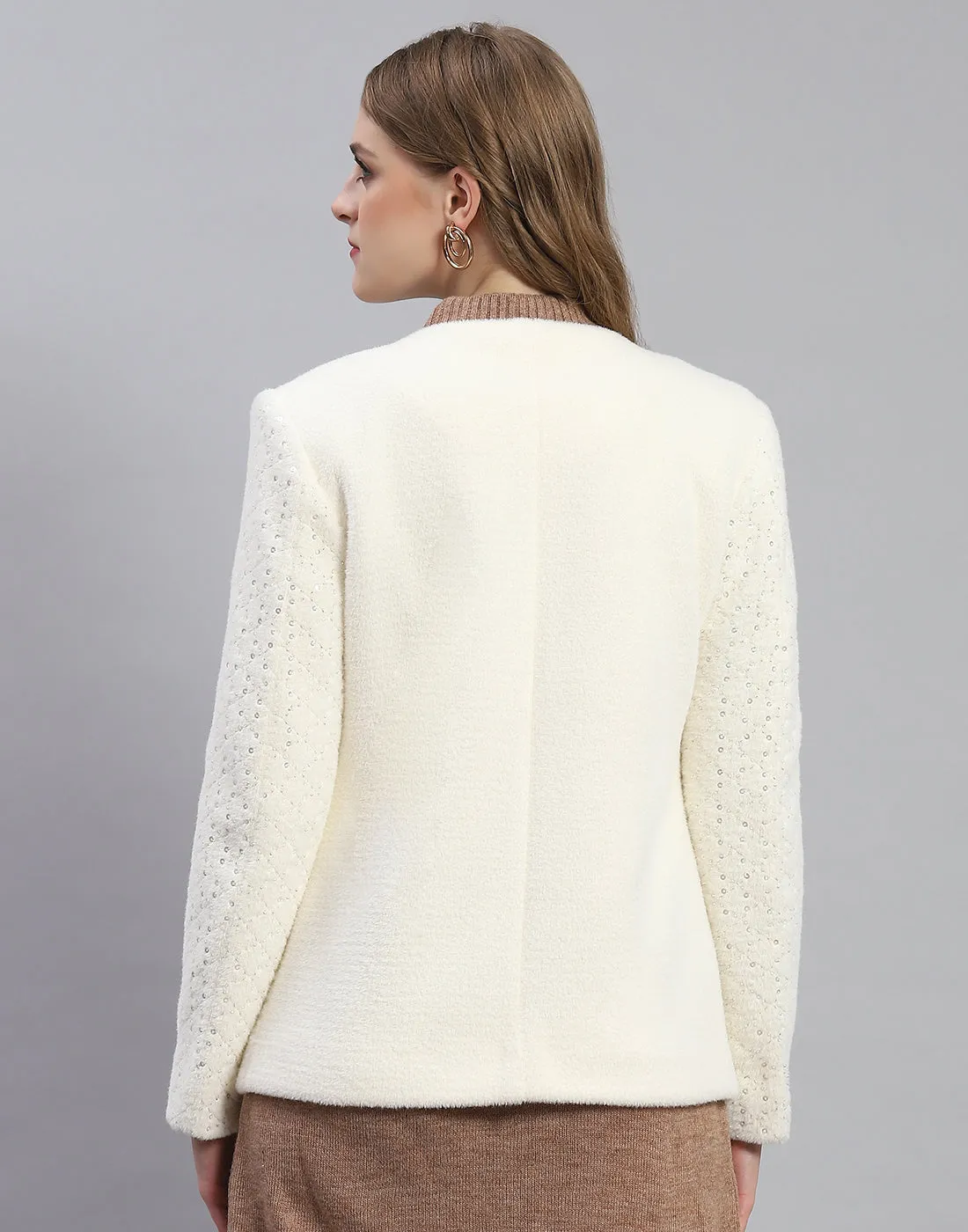 Women White Embellished H Neck Full Sleeve Coat