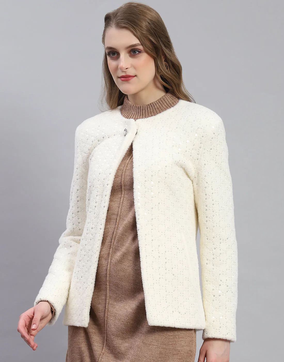 Women White Embellished H Neck Full Sleeve Coat