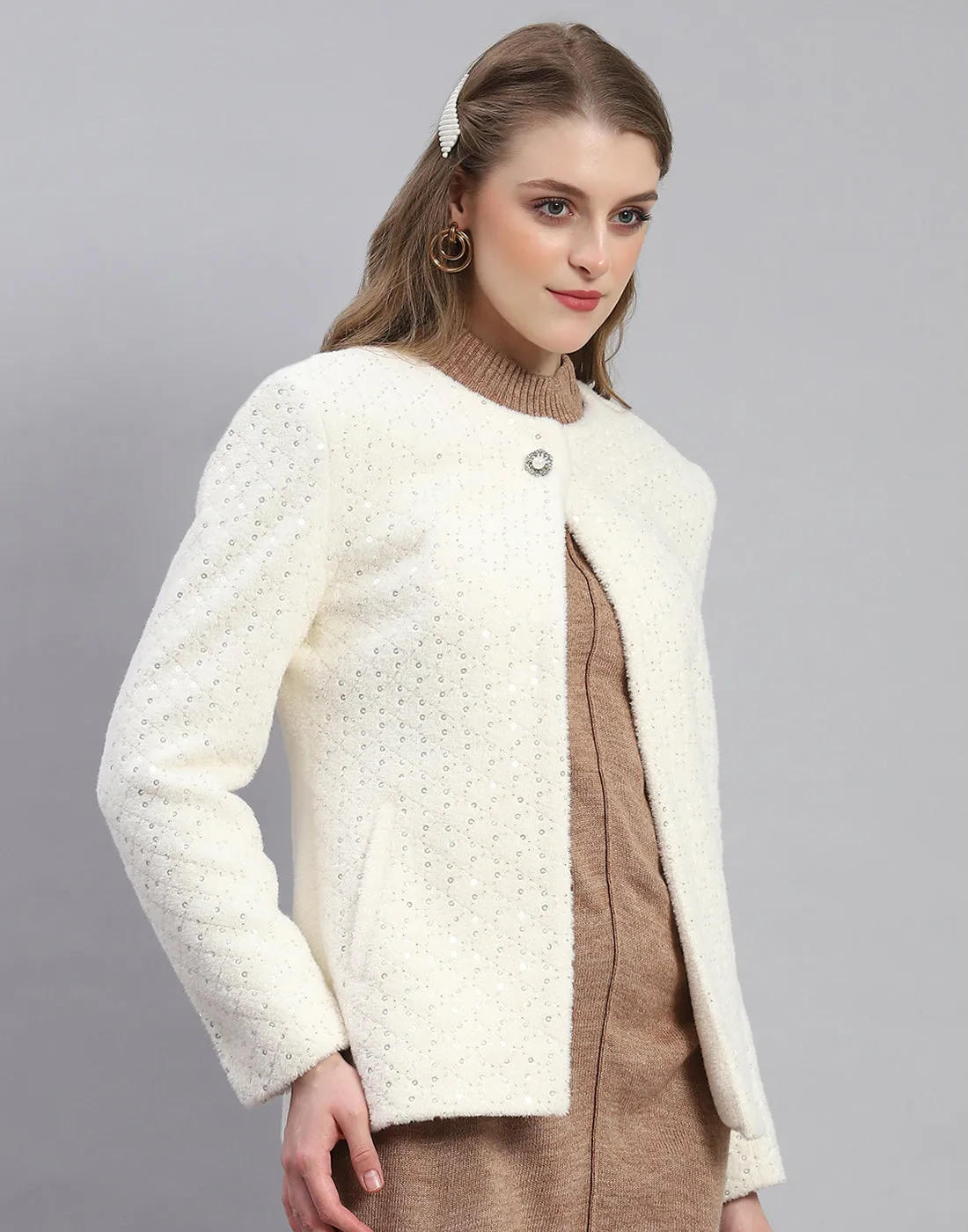 Women White Embellished H Neck Full Sleeve Coat