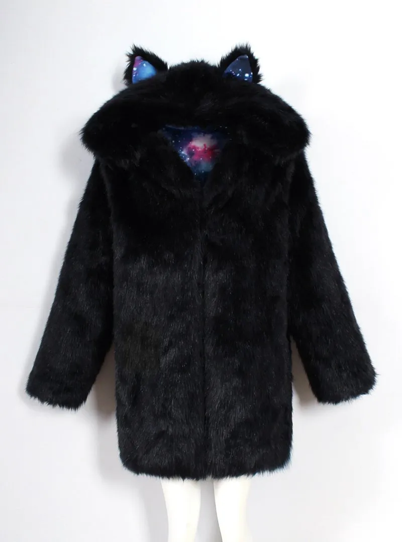 Women's Animal Ear Cap Faux Fur Coat Long Coat