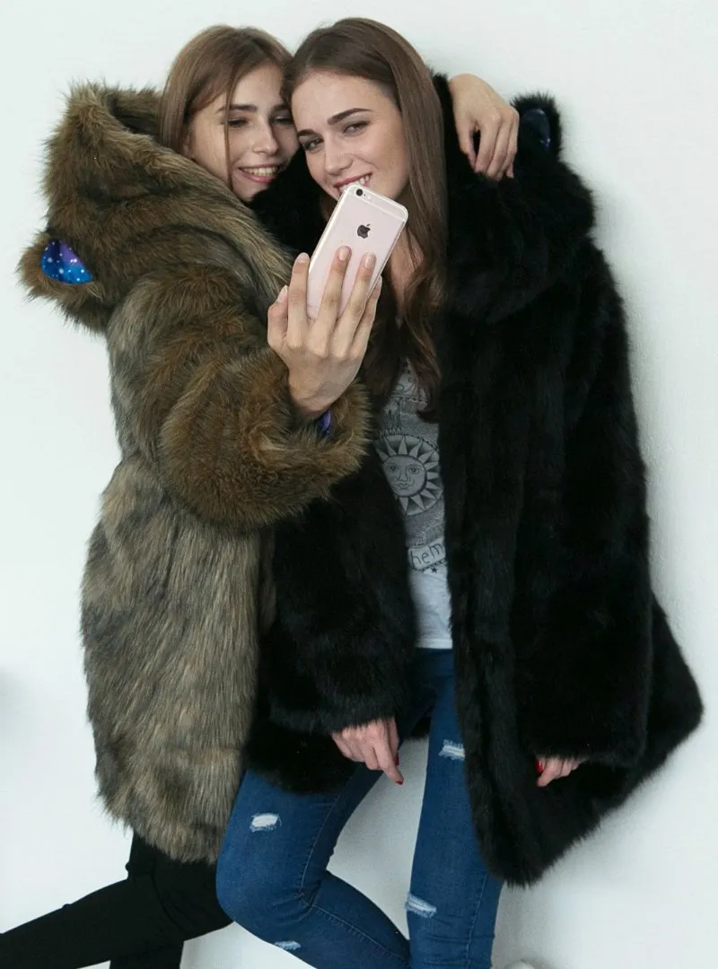 Women's Animal Ear Cap Faux Fur Coat Long Coat