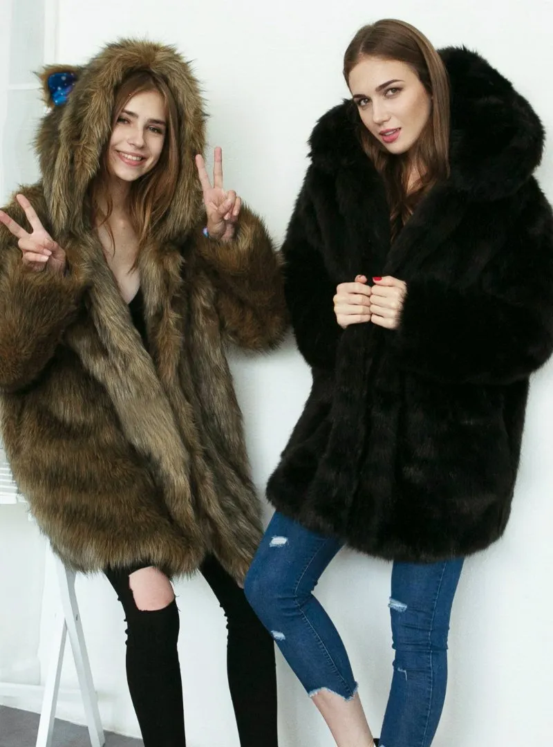 Women's Animal Ear Cap Faux Fur Coat Long Coat