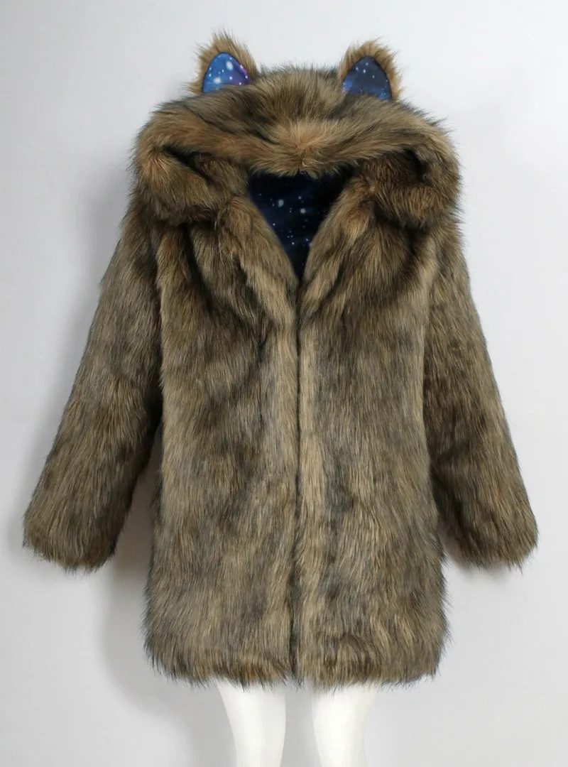 Women's Animal Ear Cap Faux Fur Coat Long Coat