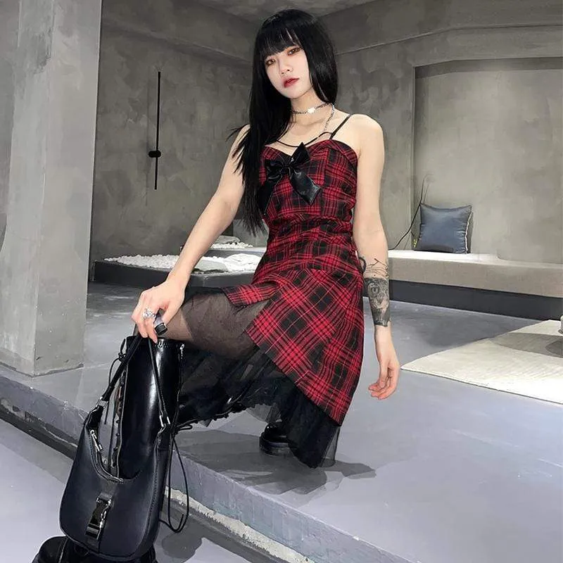 Women's Grunge Bowknot Side Slit Red Plaid Slip Dresses