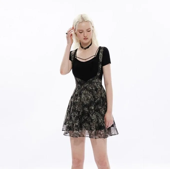 Women's Grunge Cat Printed Chiffon Suspender Skirt Slip Dress