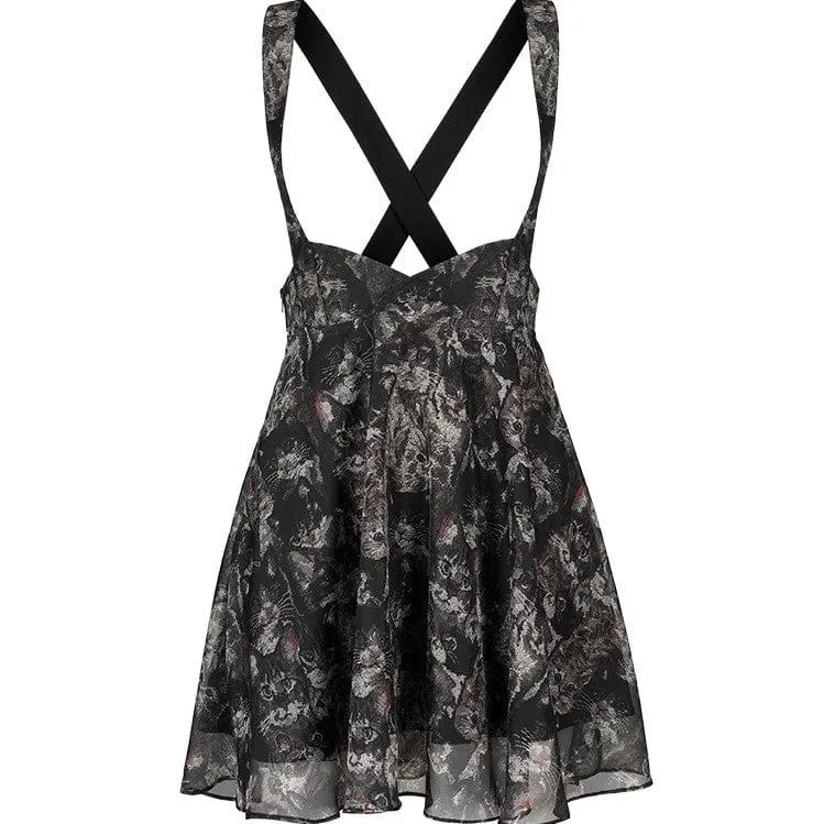 Women's Grunge Cat Printed Chiffon Suspender Skirt Slip Dress