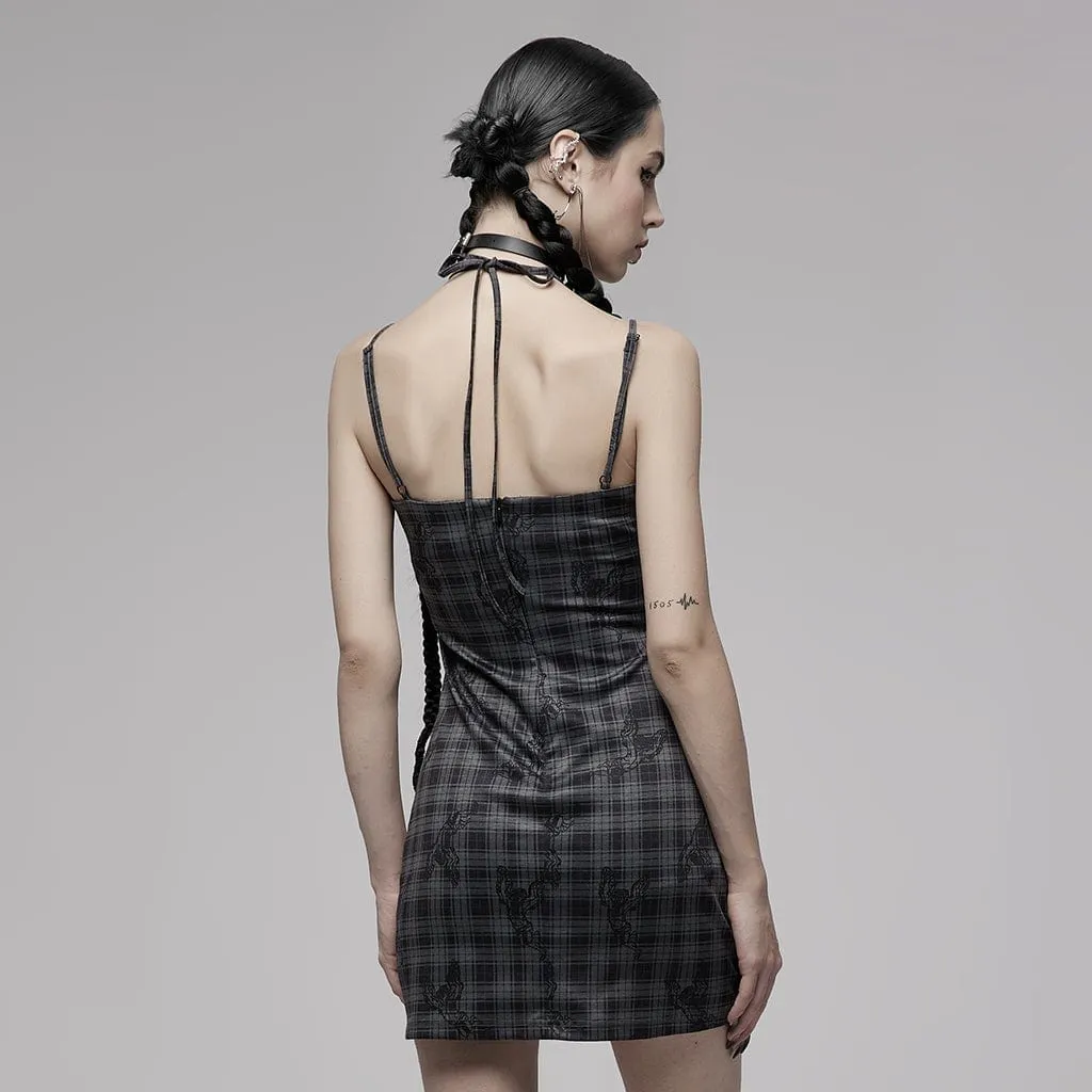 Women's Grunge Halterneck Plaid Slip Dress