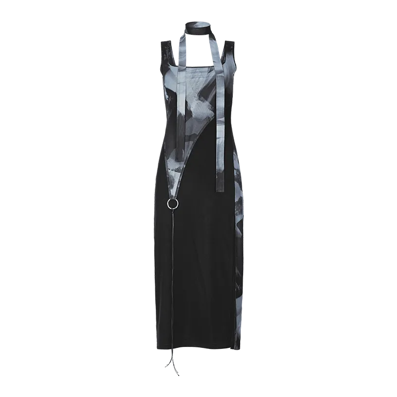 Women's Grunge Ink Printed Split Slip Dress with Neckwear