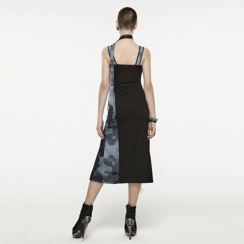 Women's Grunge Ink Printed Split Slip Dress with Neckwear