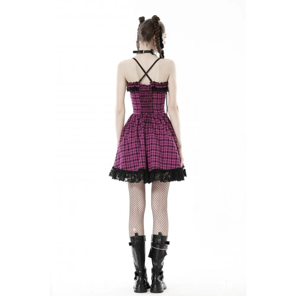 Women's Grunge Lace Hem Plaid Slip Dress