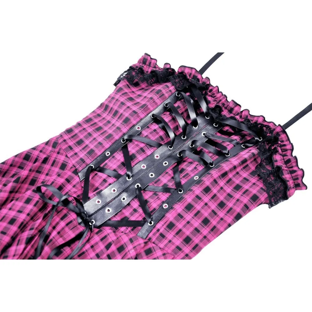 Women's Grunge Lace Hem Plaid Slip Dress