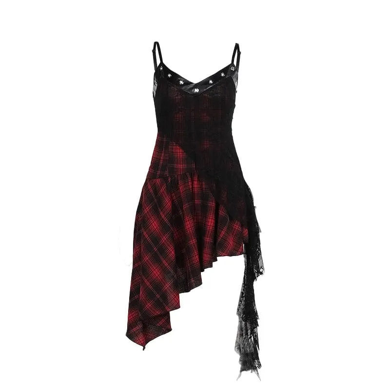 Women's Grunge Lace Splice Plaid Music Festival Slip Dress