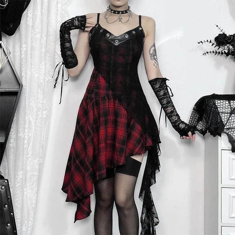 Women's Grunge Lace Splice Plaid Music Festival Slip Dress