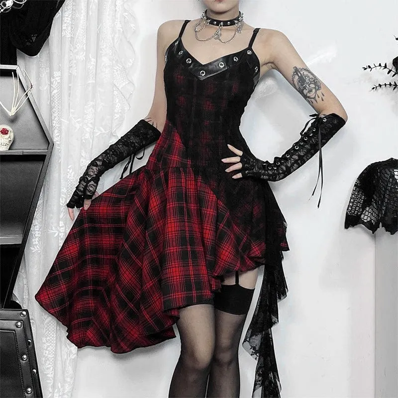 Women's Grunge Lace Splice Plaid Music Festival Slip Dress