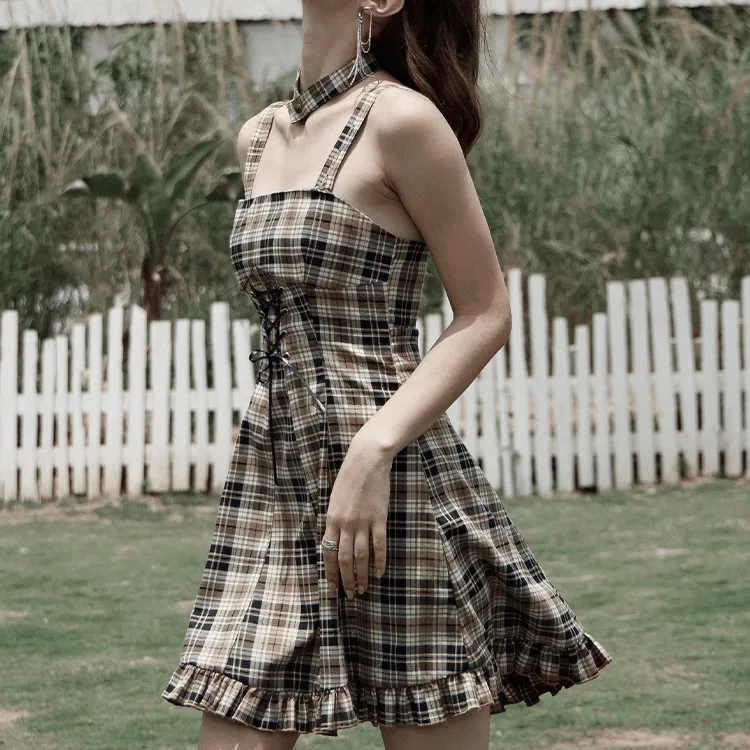 Women's Grunge Lace-up Plaid High-waisted Slip Dress