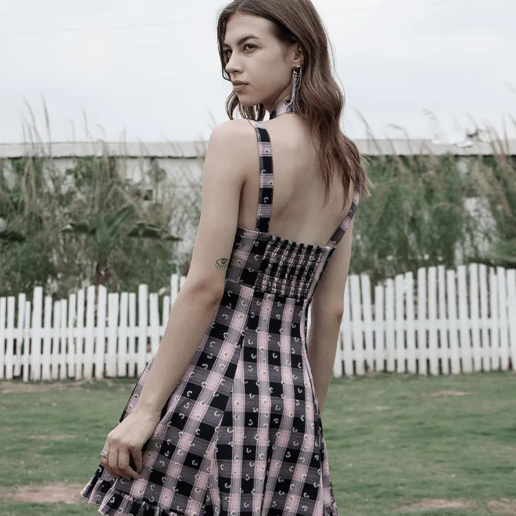 Women's Grunge Lace-up Plaid High-waisted Slip Dress