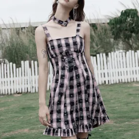 Women's Grunge Lace-up Plaid High-waisted Slip Dress