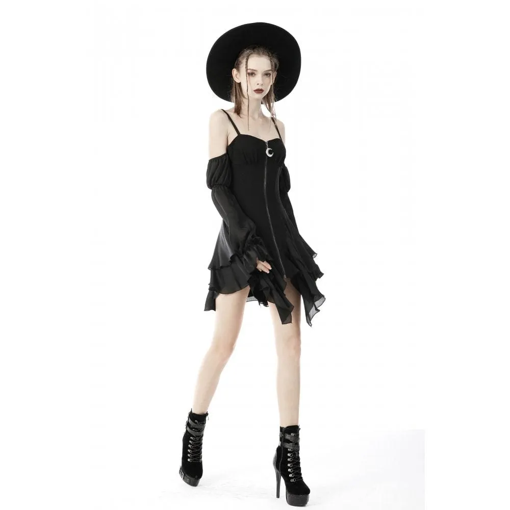 Women's Grunge Moon Zipper Off Shoulder Irregular Hem Slip Dress