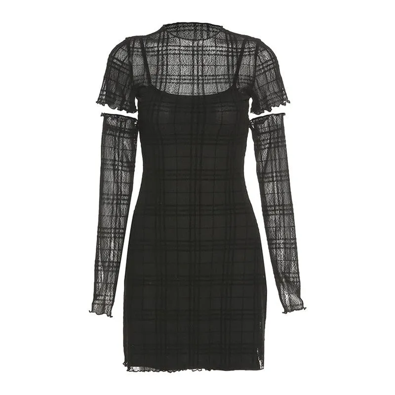 Women's Grunge Plaid Sheer Dress with Slip Dress and Oversleeve