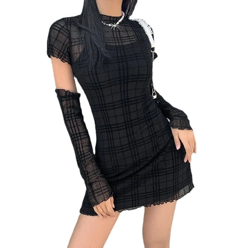 Women's Grunge Plaid Sheer Dress with Slip Dress and Oversleeve