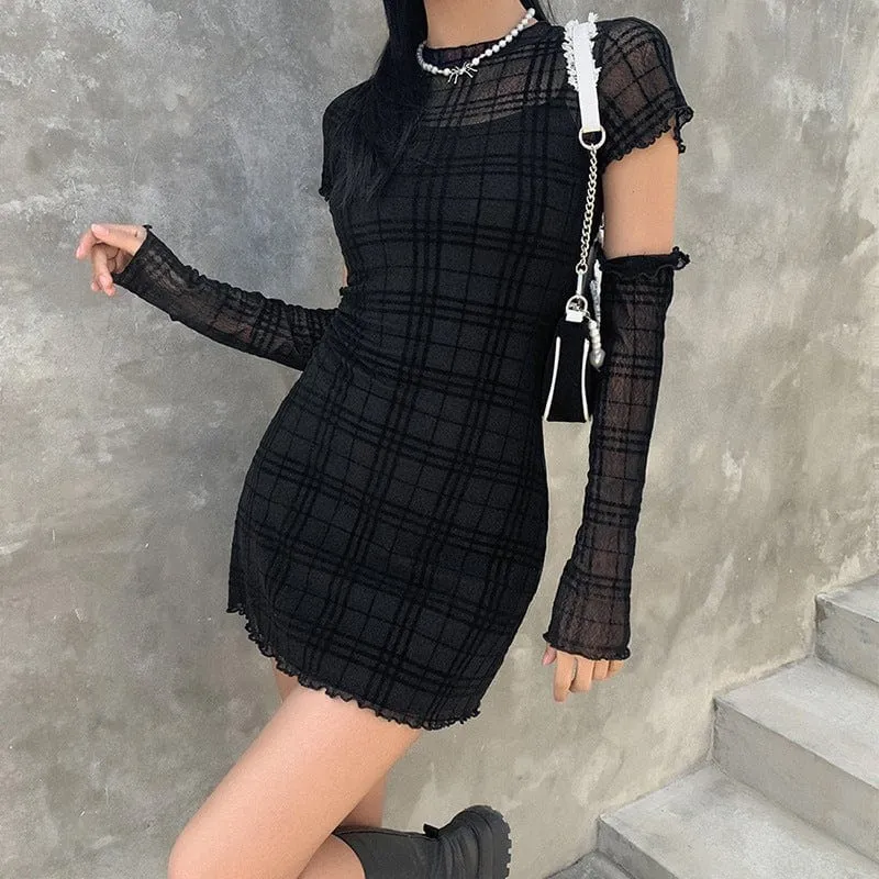 Women's Grunge Plaid Sheer Dress with Slip Dress and Oversleeve