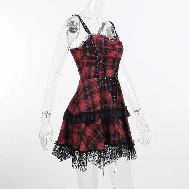 Women's Grunge Red Plaid Lace Hem Slip Dress