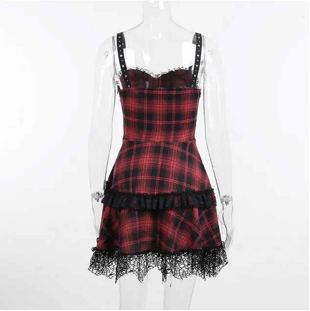 Women's Grunge Red Plaid Lace Hem Slip Dress