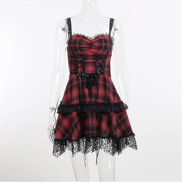 Women's Grunge Red Plaid Lace Hem Slip Dress