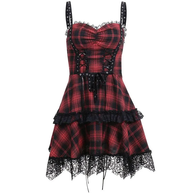 Women's Grunge Red Plaid Lace Hem Slip Dress