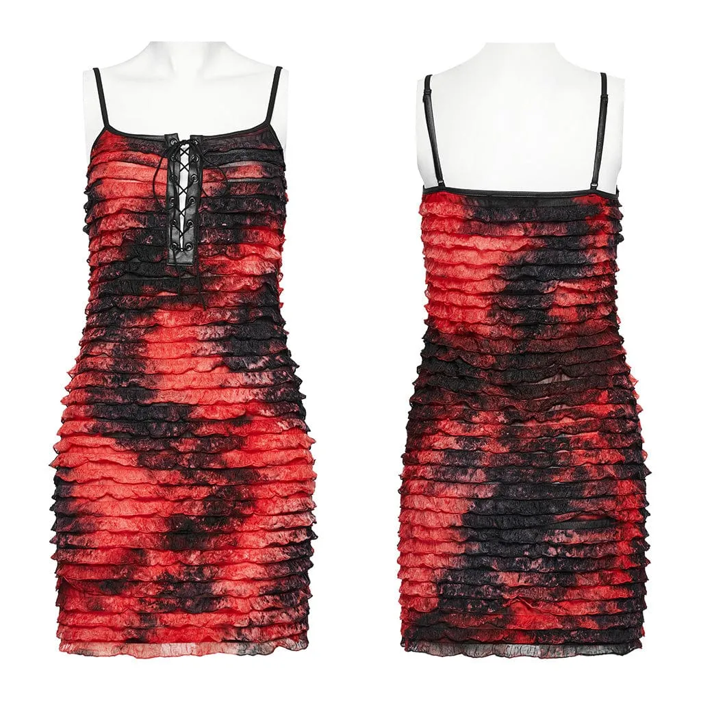 Women's Grunge Ruffled Tie-dyed Slip Dress Red