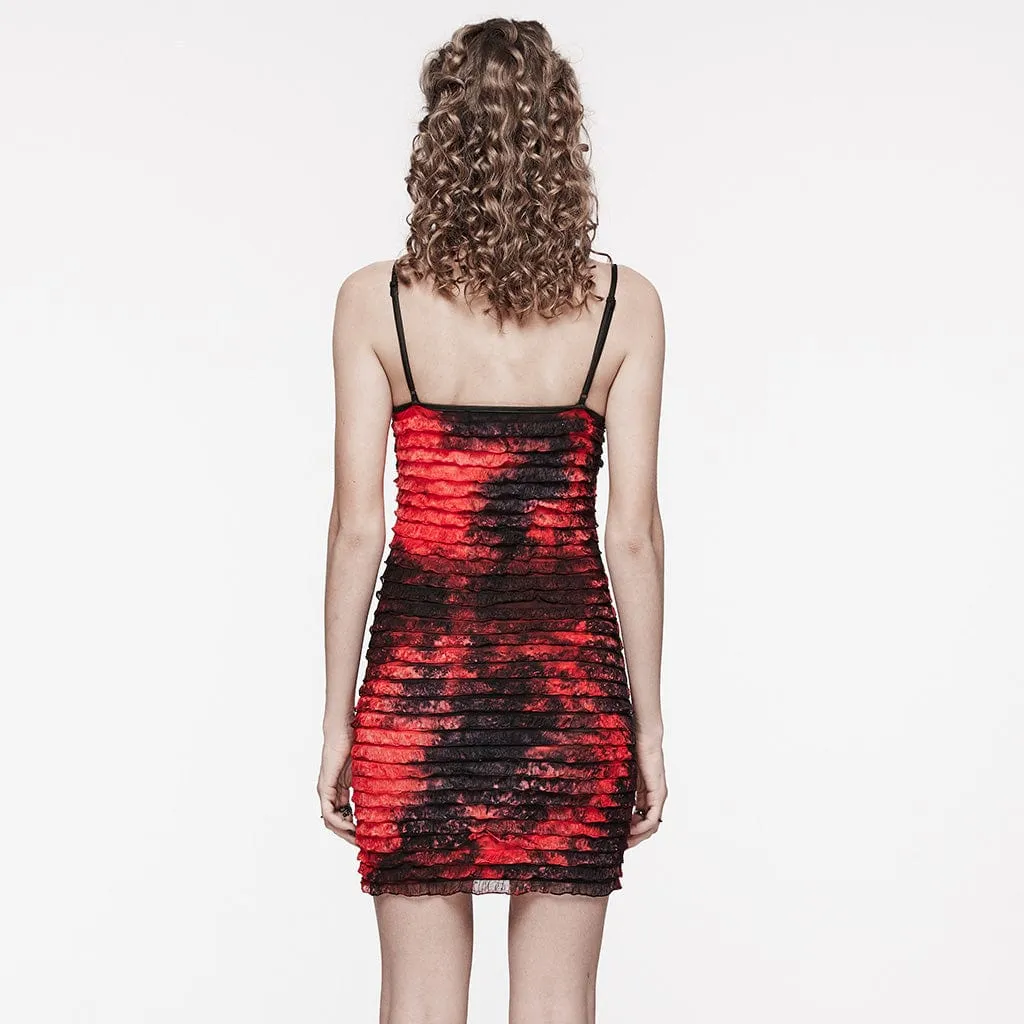 Women's Grunge Ruffled Tie-dyed Slip Dress Red