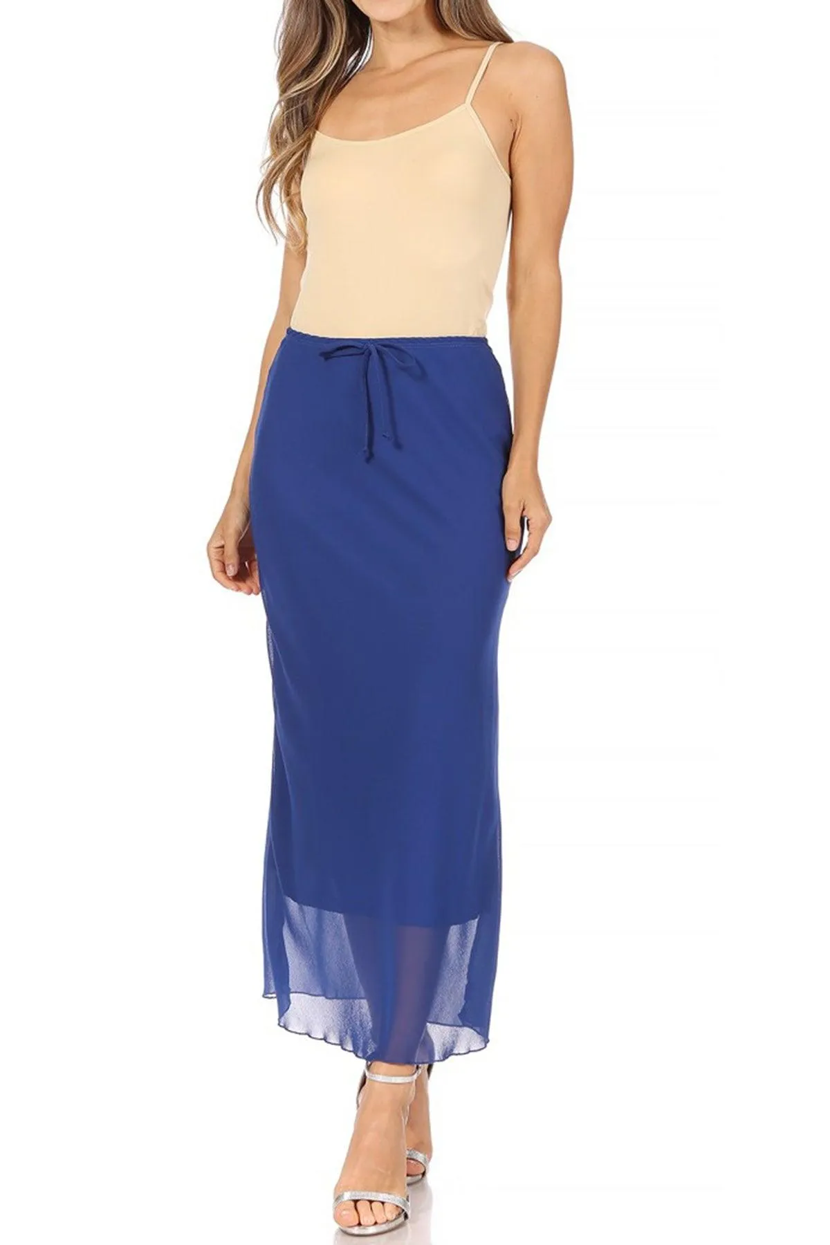 Women's High Rise Chiffon Overlay Maxi Draped Skirt with Waist Tie Accent.