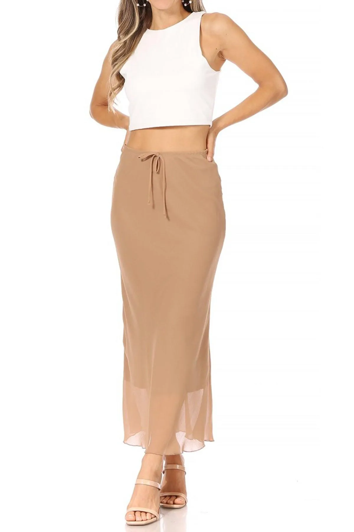 Women's High Rise Chiffon Overlay Maxi Draped Skirt with Waist Tie Accent.