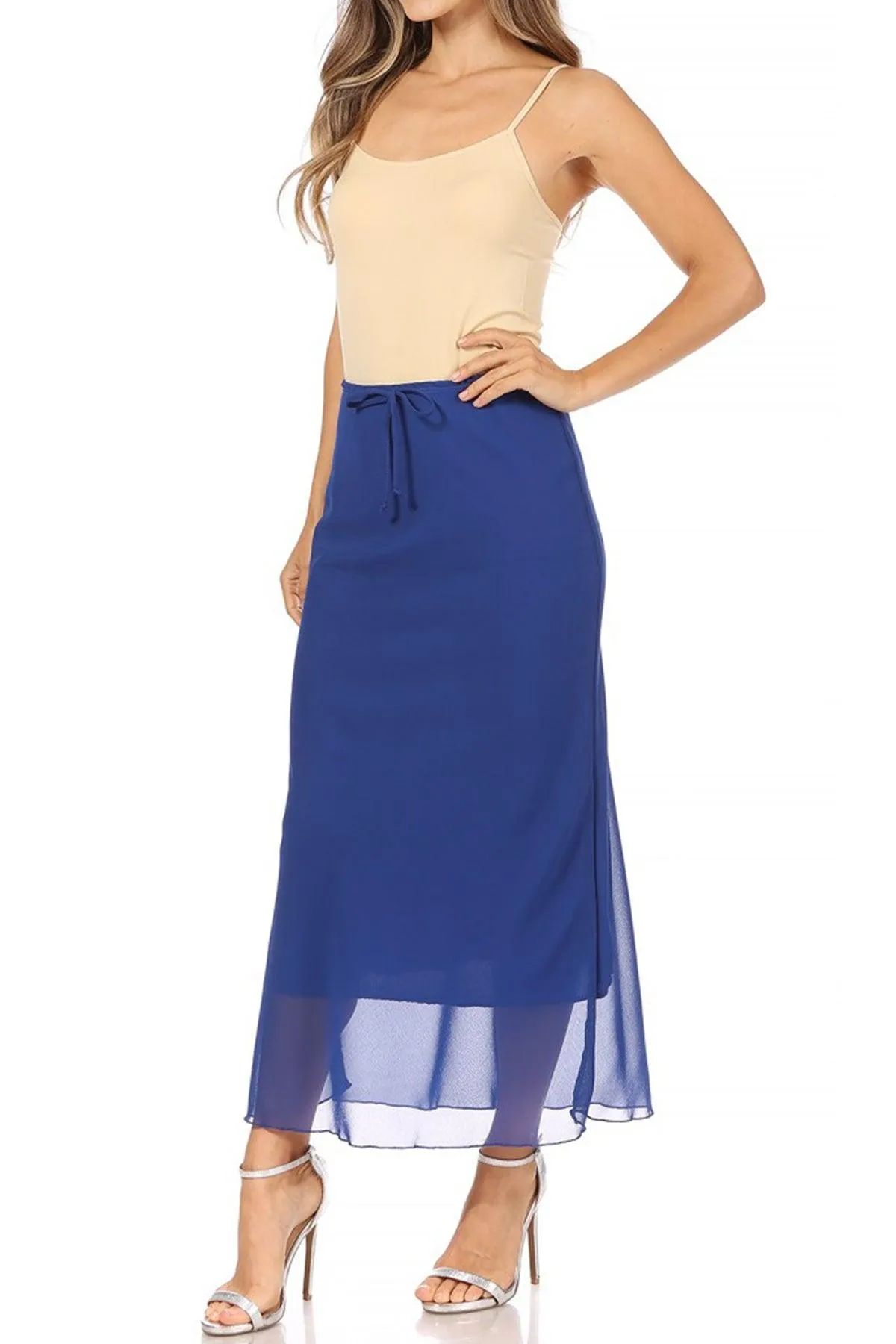 Women's High Rise Chiffon Overlay Maxi Draped Skirt with Waist Tie Accent.