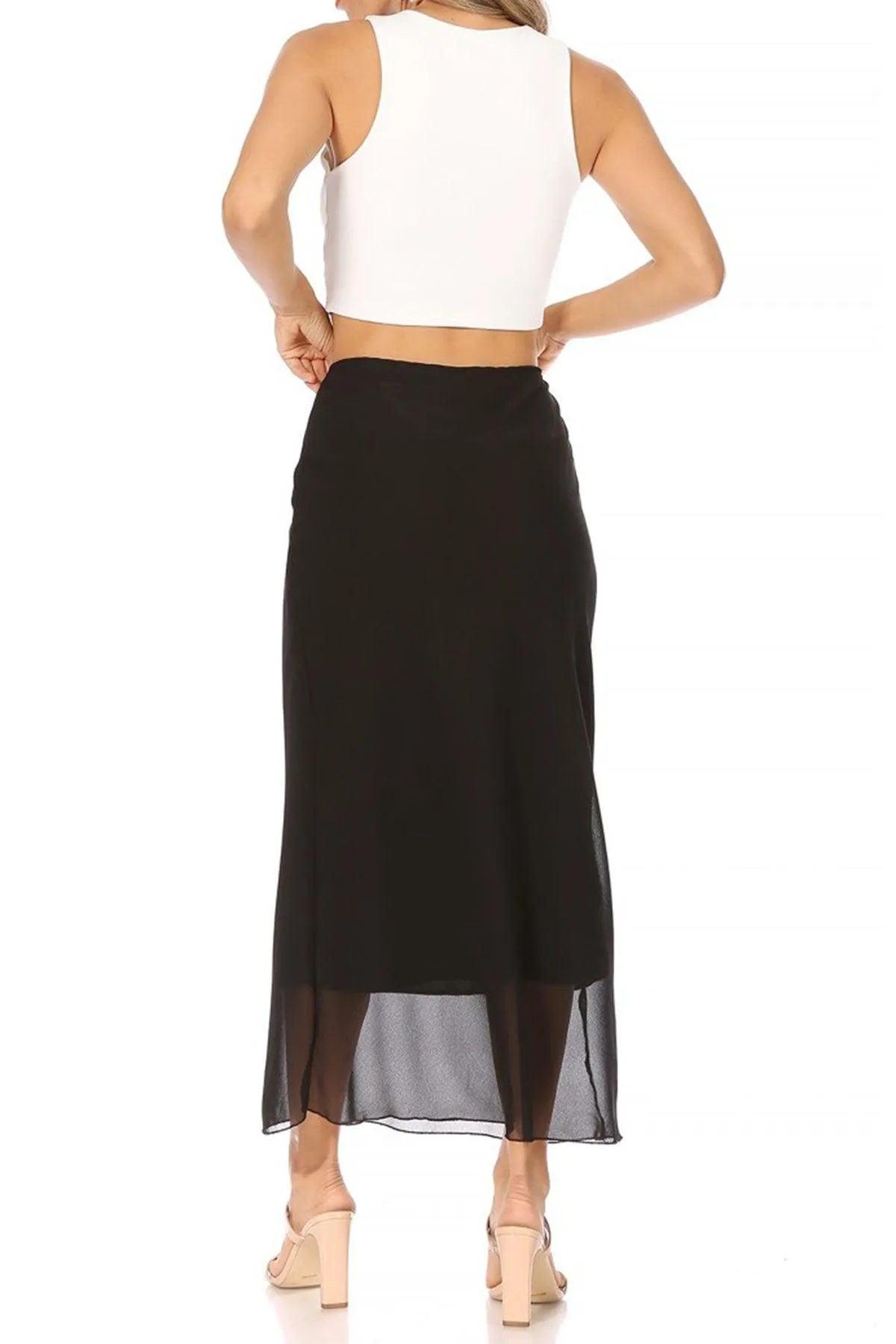 Women's High Rise Chiffon Overlay Maxi Draped Skirt with Waist Tie Accent.