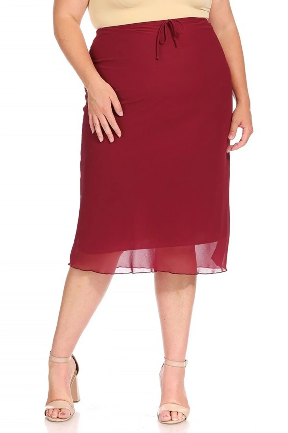 Women's Plus Size Chiffon Overlay Maxi Draped Skirt with Waist Tie Accent