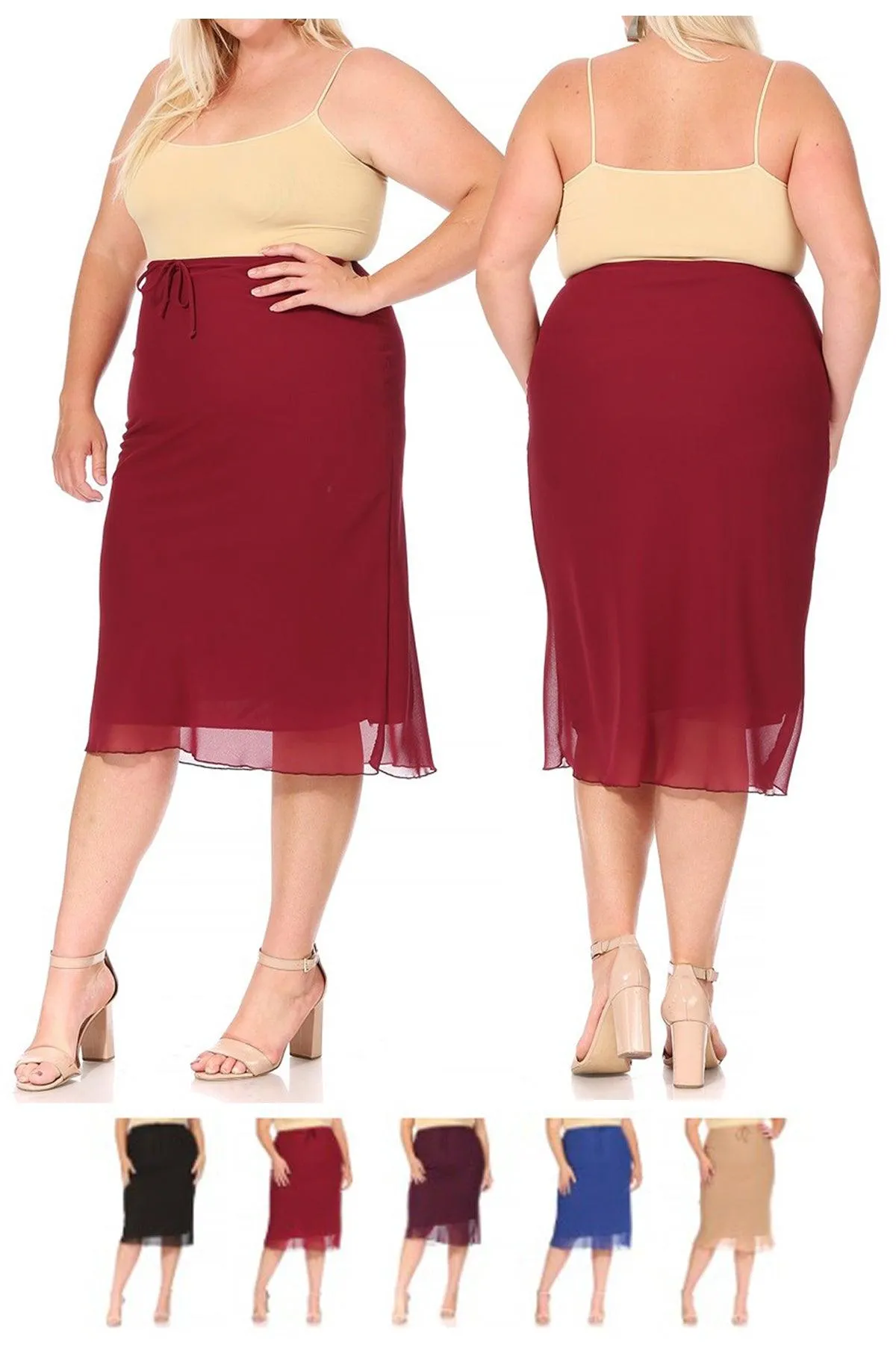 Women's Plus Size Chiffon Overlay Maxi Draped Skirt with Waist Tie Accent