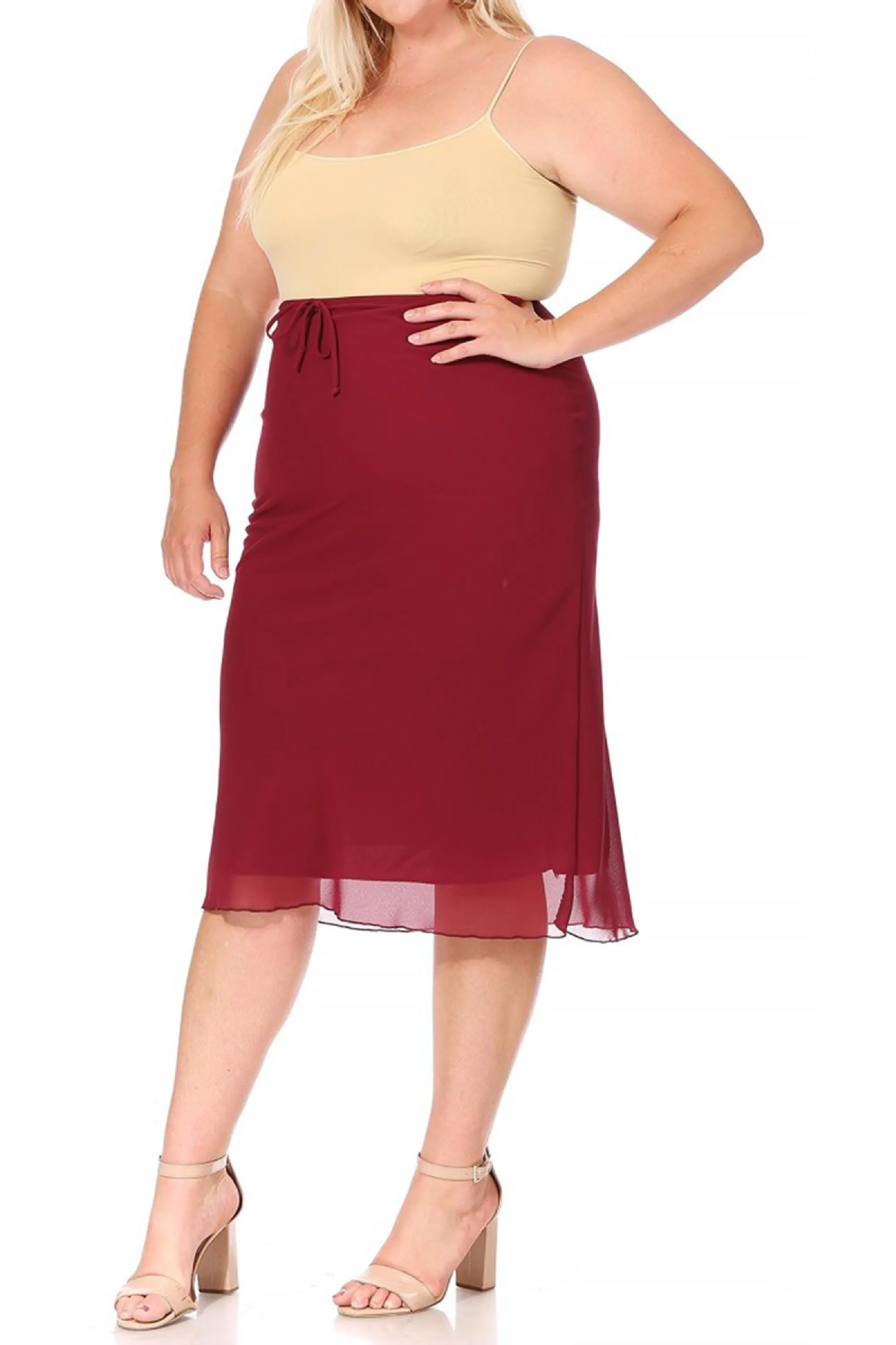 Women's Plus Size High Rise Chiffon Overlay Maxi Draped Skirt with Waist Tie Accent