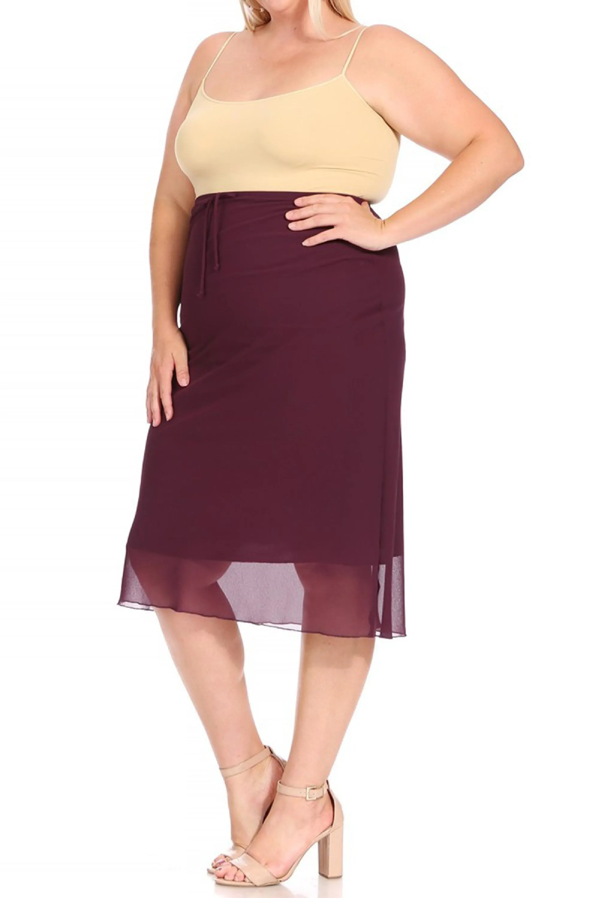 Women's Plus Size High Rise Chiffon Overlay Maxi Draped Skirt with Waist Tie Accent