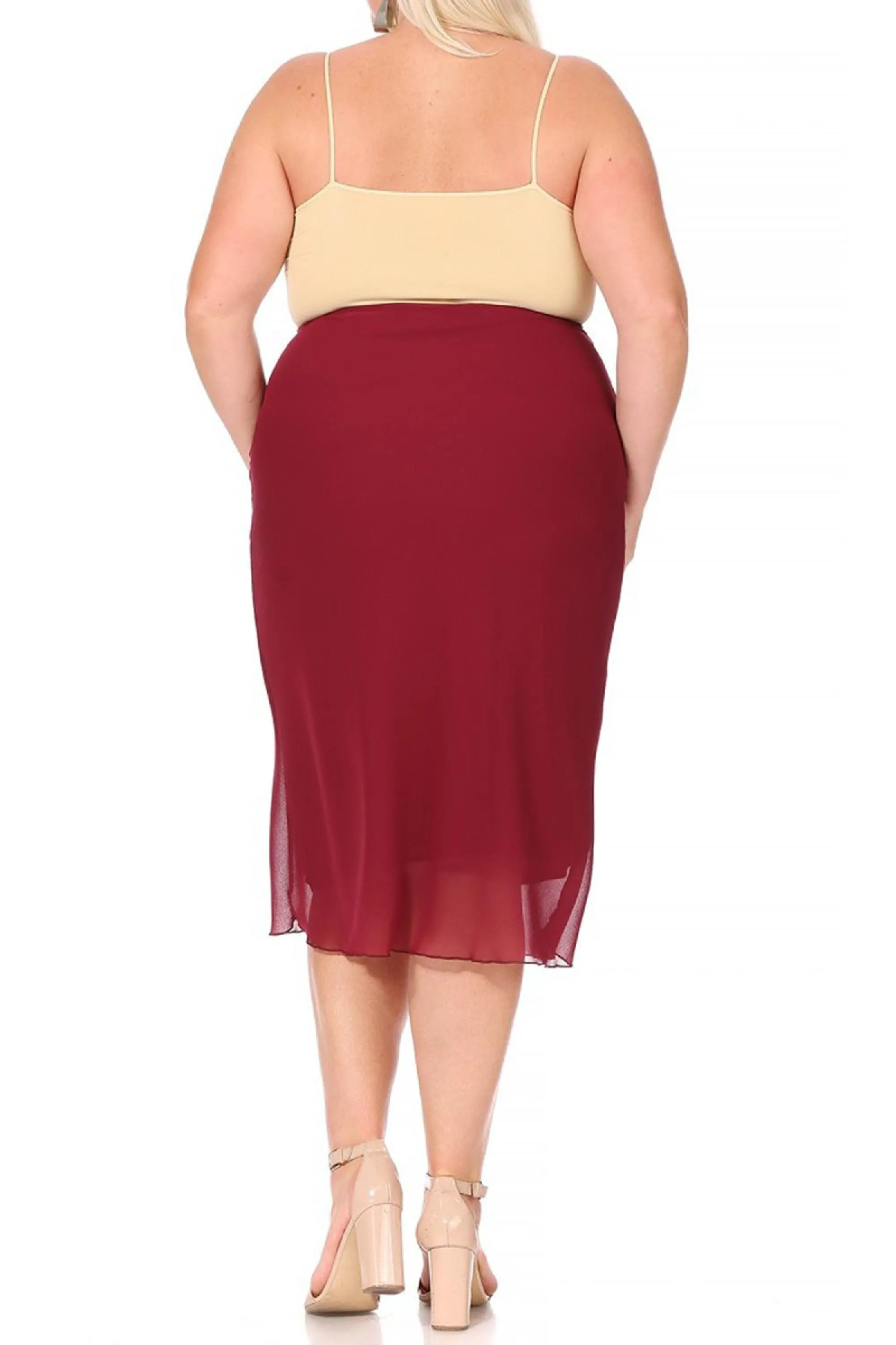 Women's Plus Size High Rise Chiffon Overlay Maxi Draped Skirt with Waist Tie Accent