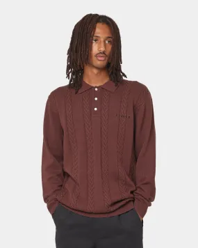 X Large Cable Knit Long Sleeve Polo Shirt Brown