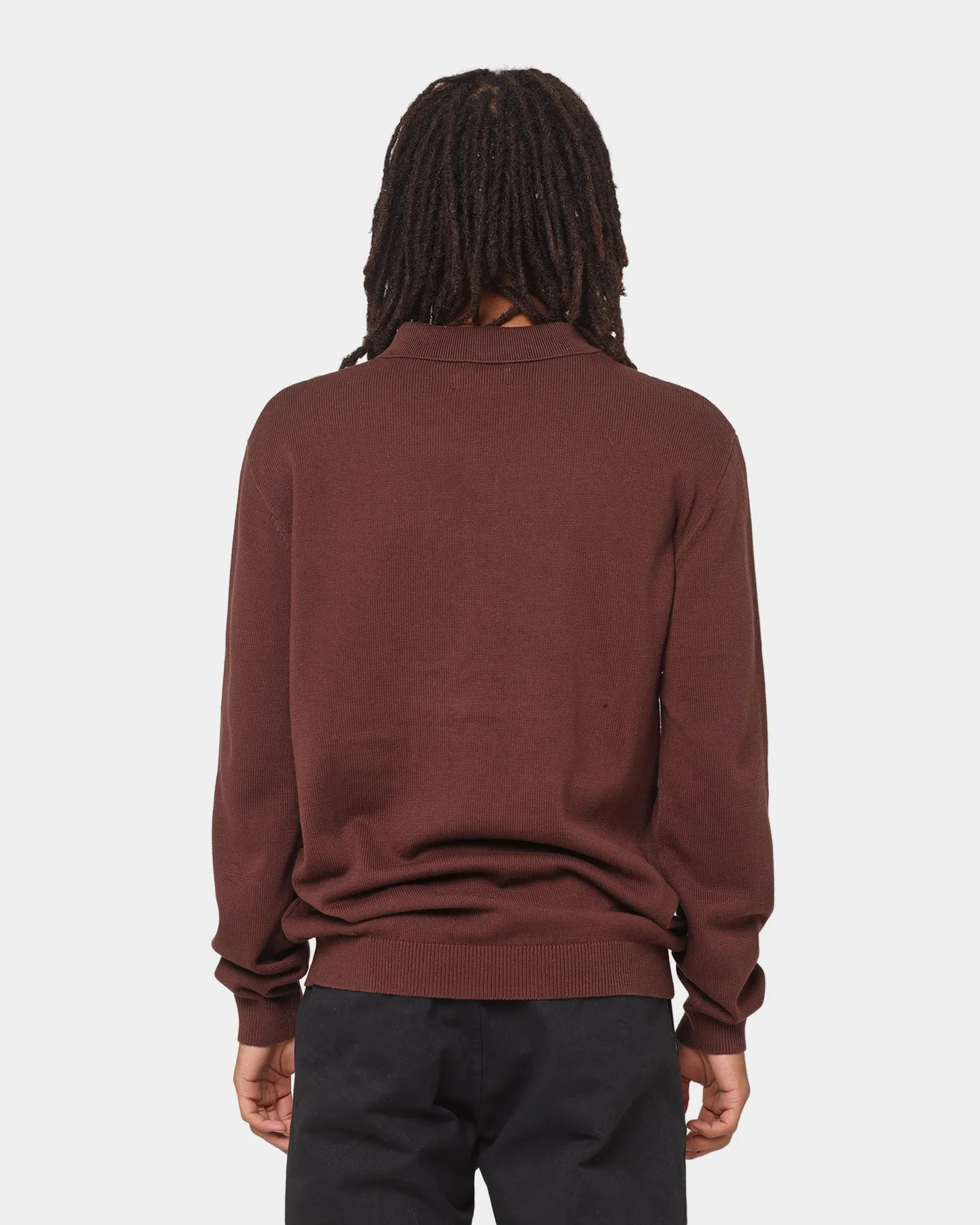 X Large Cable Knit Long Sleeve Polo Shirt Brown