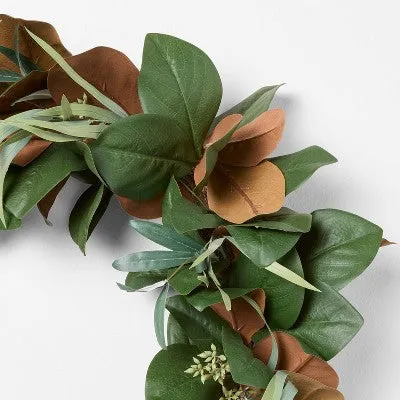 XL Magnolia and Olive Artificial Wreath with Ribbon Brown - Threshold designed with Studio McGee: Indoor Decor, Unlit, Polyester